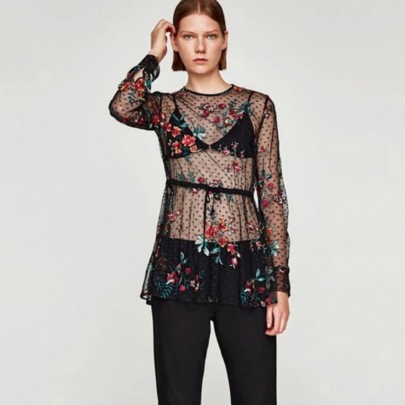 ZARA floral embroidered long sleeve top MED - Picture 2 of 13
